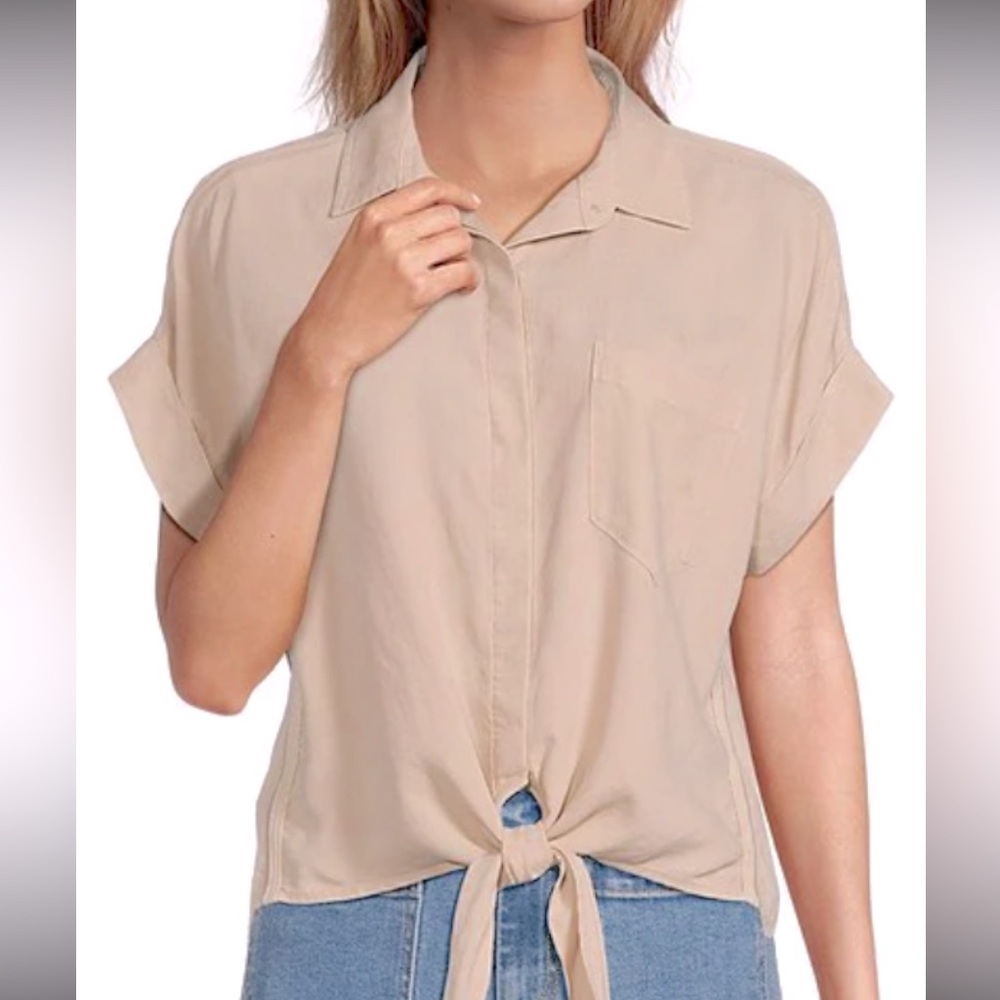 Cloth & Stone tensel hidden Button Front Short Sleeve Blouse Tie Front Pink